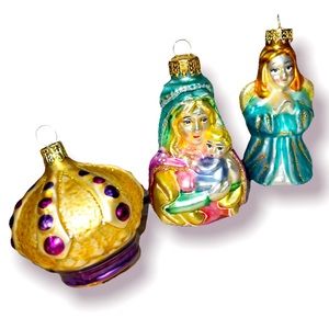 3 blown glass Christmas ornaments crown mary baby jesus angel